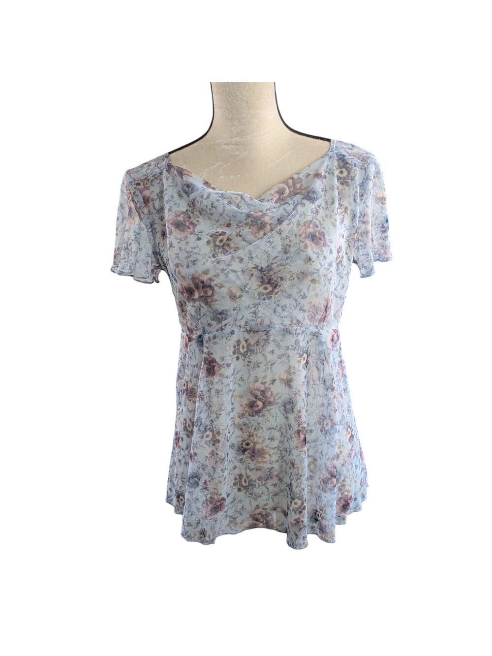 Vintage Y2K 90s Maternity Sz S Blue Babydoll Top Sheer Mesh Cowl Neck Floral